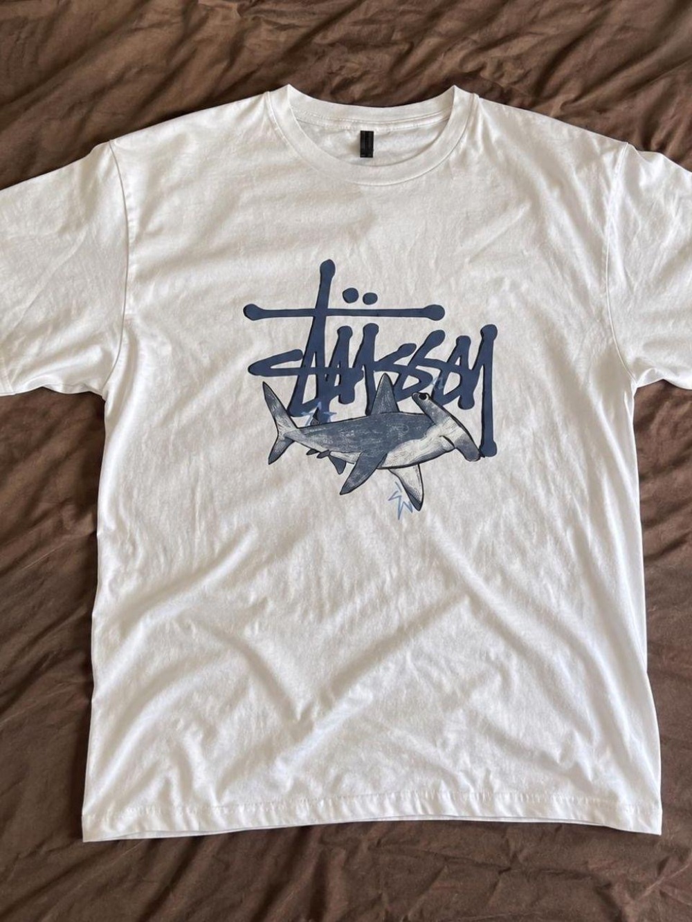 Gildan White Tee with Blue Shark Graphic